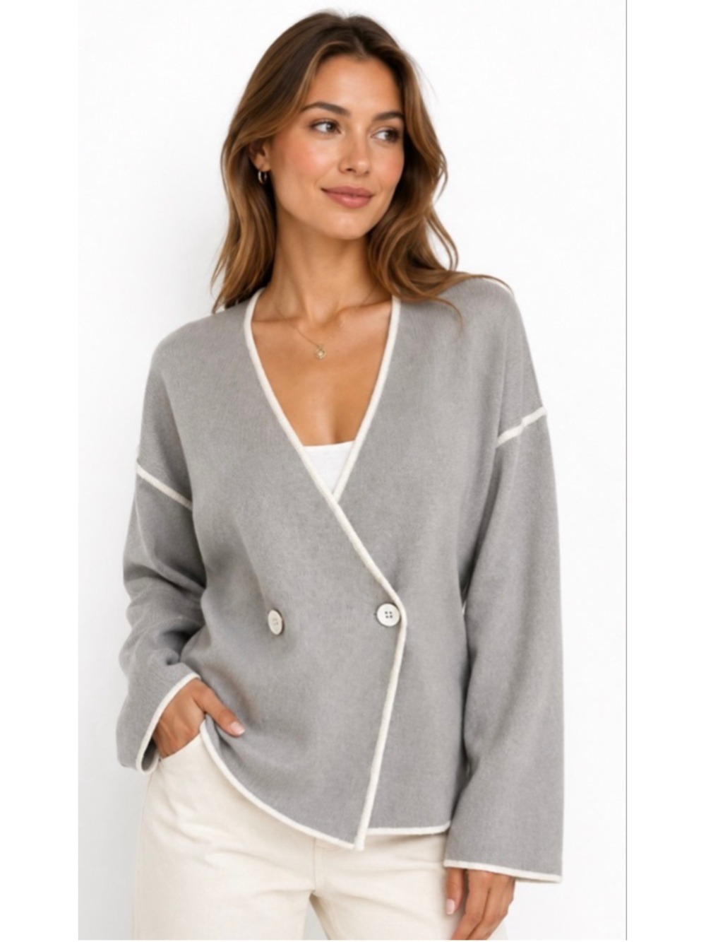 NWT Derek Lam 10 Crosby Gray & White Double-Breasted Cardigan S